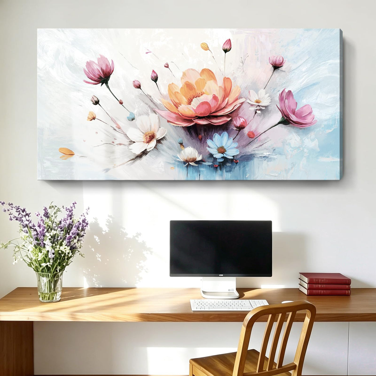 Abstract Floral Wall Art Colorful Canvas For Living Room 48X24 In (Colorful Flower Wall Art / 48"L x 24"W)