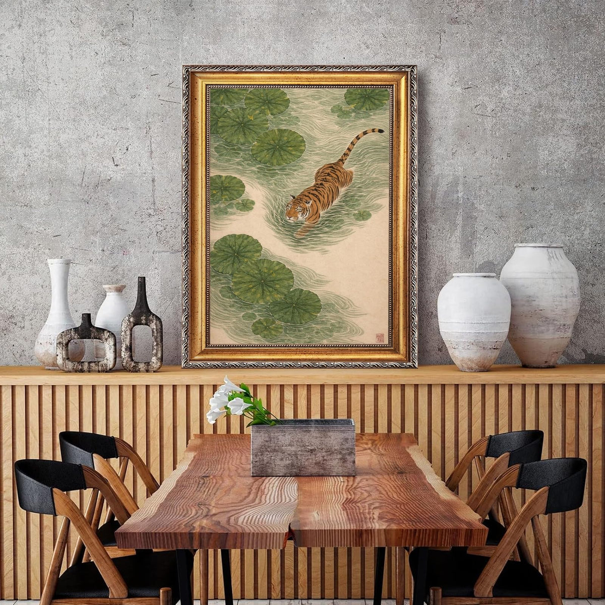 Japanese Tiger Wall Art Prints Vintage Asian Pond Painting Zen Nature Animals Posters Tiger in Lotus Pond Artwork Oriental Animal Nature Wall Decor for Living Room Bedroom 16x24inch Golden frame (style-5 Golden frame / 16"L x 24"W)