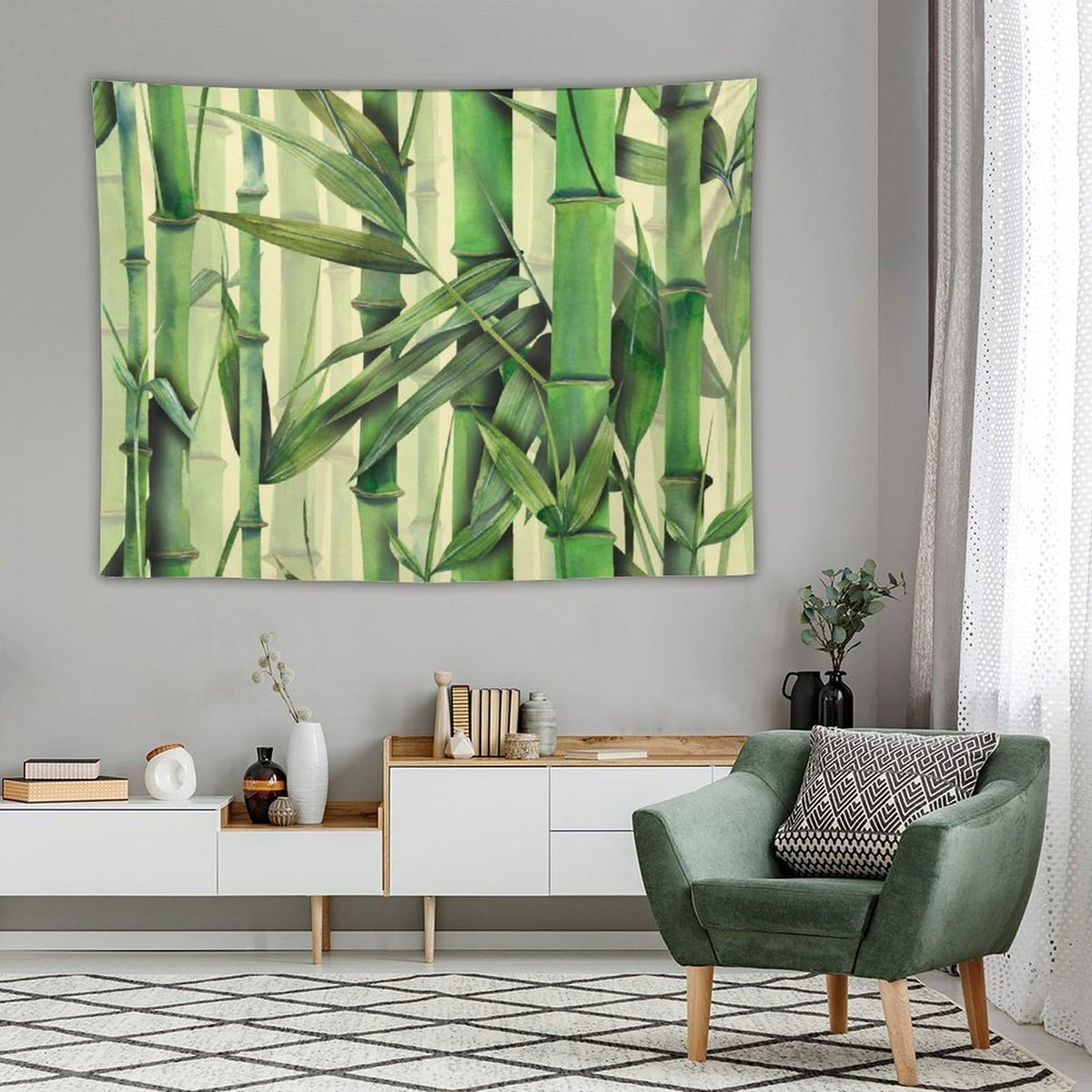 Nature Green Bamboo Print Tapestry Wall Hanging Asian Japanese Plant Rustic Stems Leaves Jungle Tapestries Home Decor for Living Room Bedroom Apartment Farmhouse Dorm 60"x80" (60"L x 80"W / Bamboo-2)