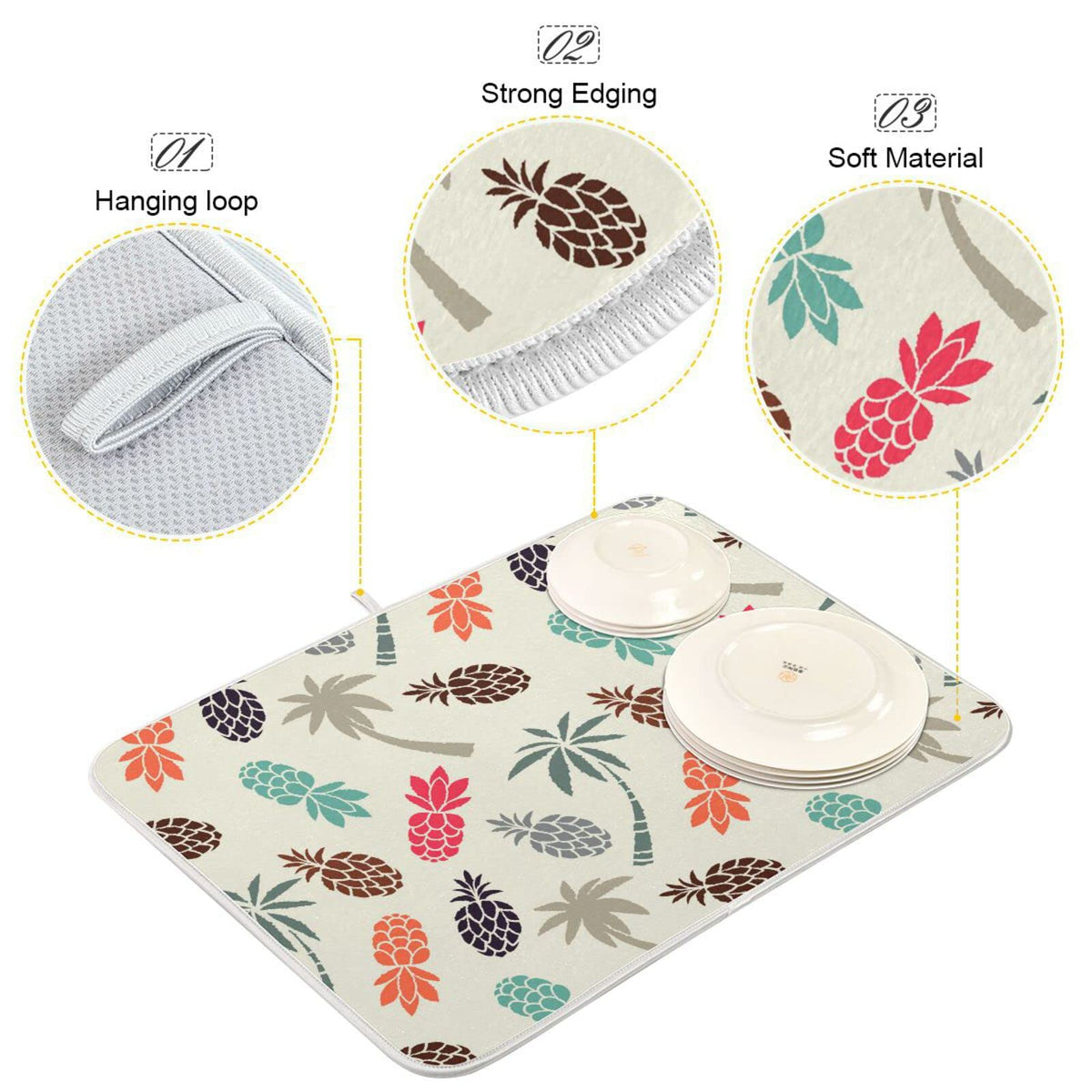 Super Absorbent Dish Drying Mat (Coconut Palm Trees Pineapples / 16" x 18")