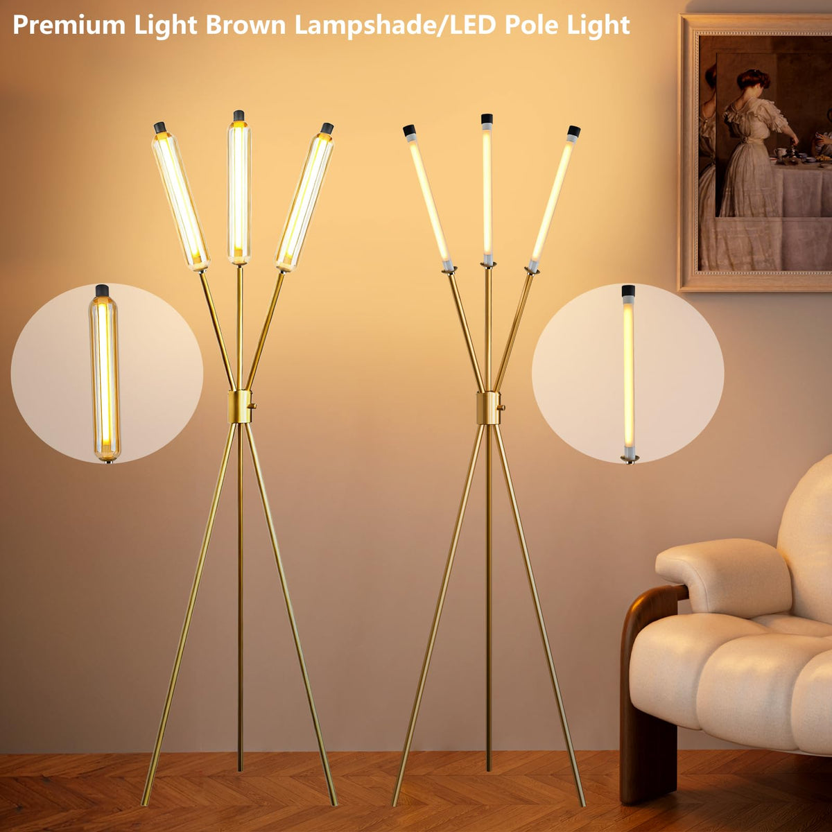 LED Tripod Floor Lamps for Living Room (Gold-111A)