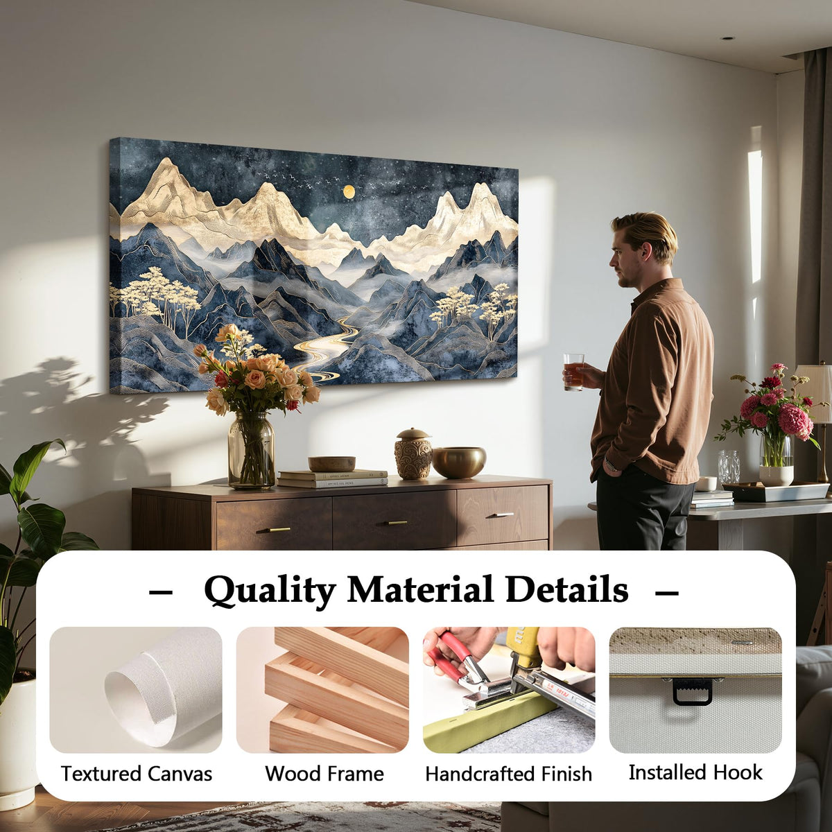 Modern Luxury Mountain Large Wall Art Office Wall Decor Black Gold (Indigo Golden Mountain / 40"L x 20"W)