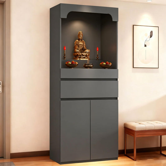 Altar Table Pooja Cabinet with Drawers and Storage Cabinets (19.7×15.7×65.4in / Dark Gray)