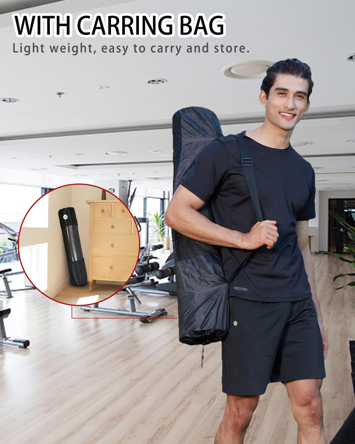 Large Yoga Mat for Men Thick Exercise Mat 76"x35" 15mm Foam Mat (Black)