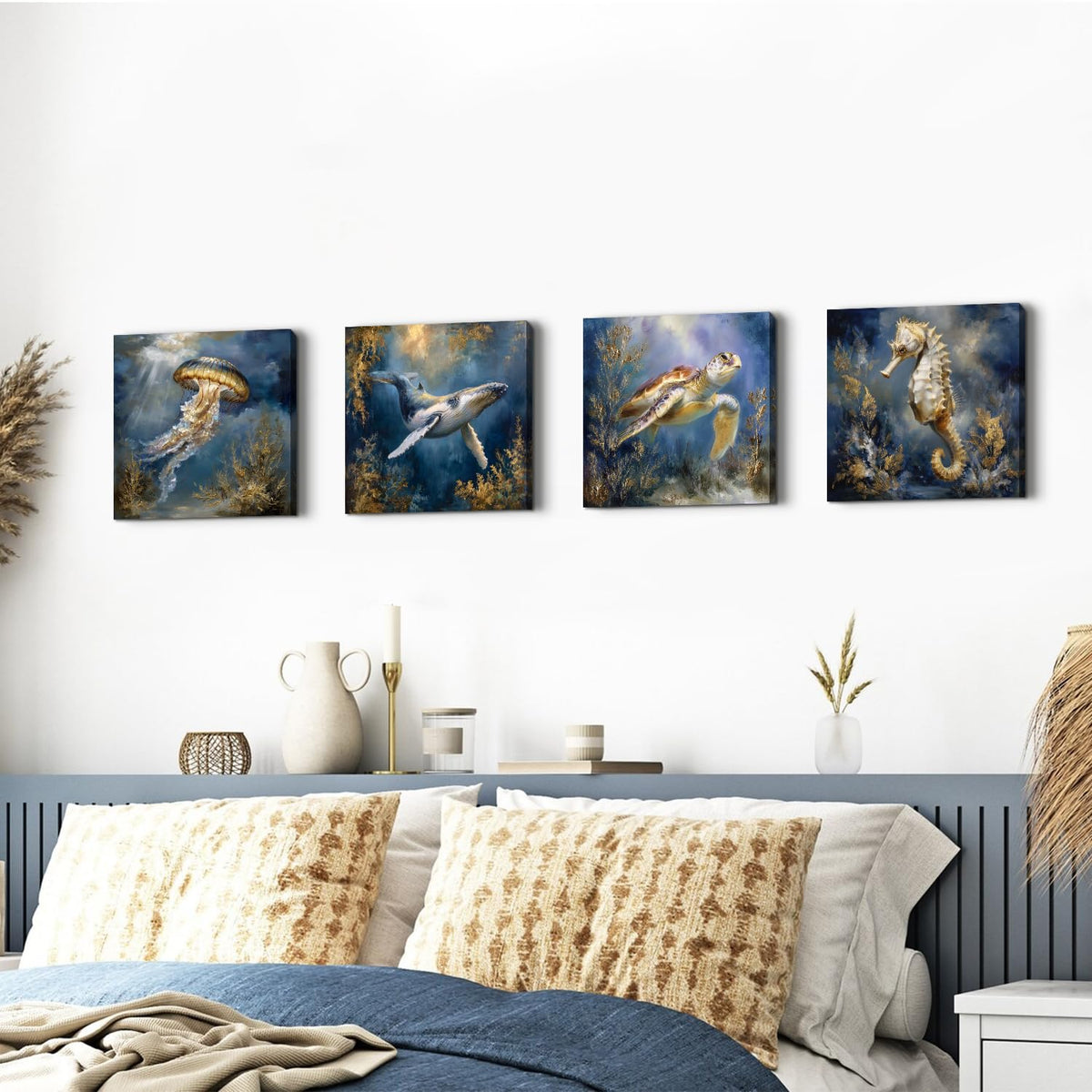 Ocean Animals Wall Art Sea Turtle Whale Seahorse Jellyfish Pictures Beach Coastal Room Decor Nautical Paintings Canvas Prints for Bathroom Under Sea World Posters Artwork Decoration 12x12” 4Pcs (12"L x 12"W / MarineLife)