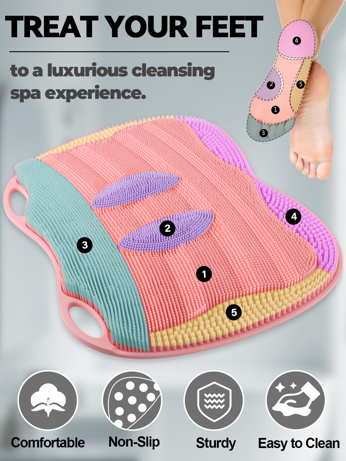 Silicone Shower Foot Scrubber Mat with Non Slip Suction Cups (Pink)