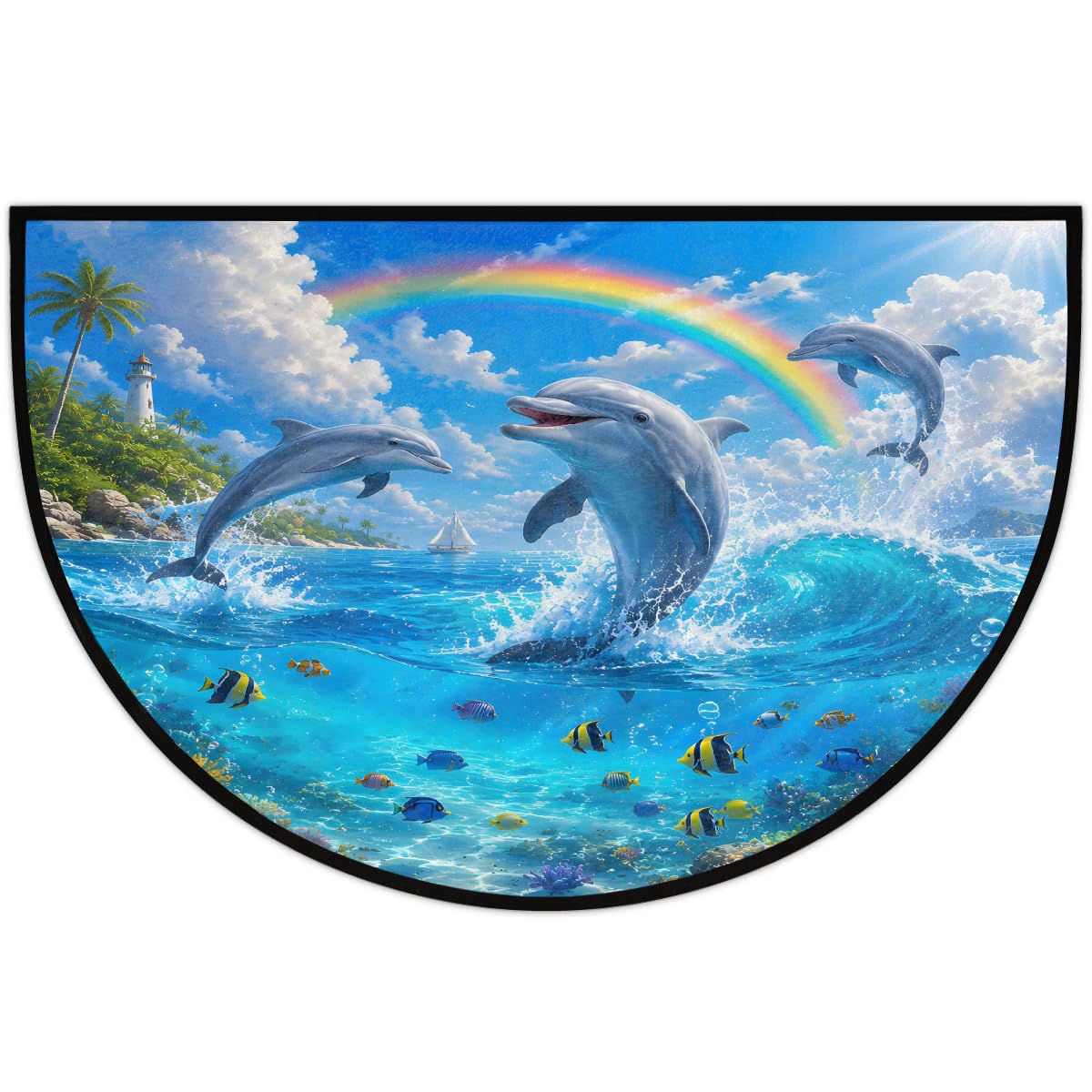 Dolphin Ocean Rainbow Half Round Mat Half Moon Door Rug Washable Durable Semi Circle Carpet Floor mats for Indoor Outdoor Bathroom Kitchen Patio Hearth Rug Laundry Room Home Decoration (D 031)