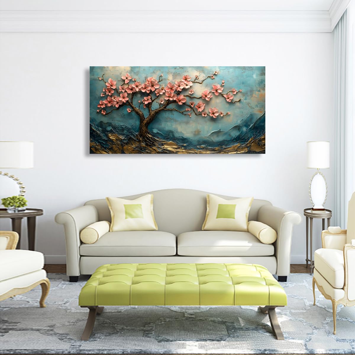 Tree of Life Pink Flowers and Golden Trees Pictures Canvas Wall Art for Living room Office Bedroom Teal Mountain Abstract Wall Decor Art Print Paintings Modern Plum Blossom Artwork (40"L x 20"W / Pink Flowers and Golden Trees)