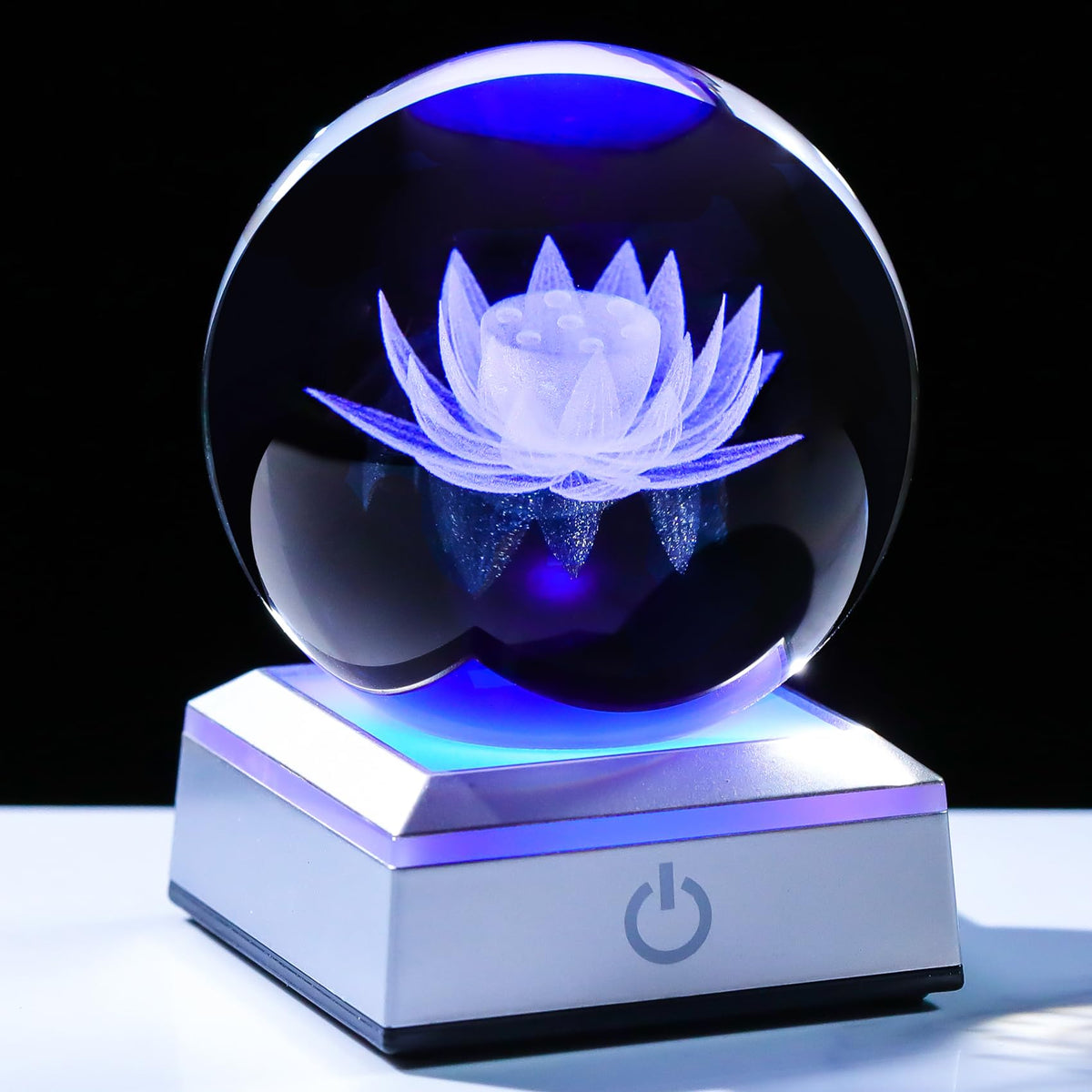 Crystal 3.14 Engraving Lotus Flower Figurine Ball with Colorful LED Base (Lotus)