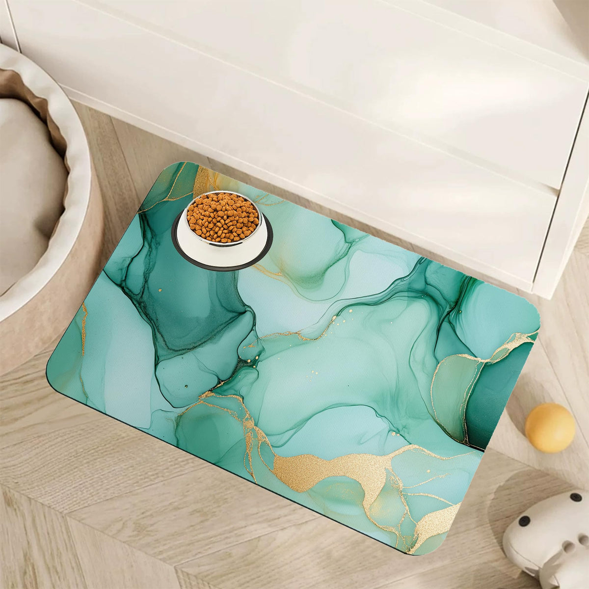 Marble Dog Food Mat for Floors (12"L x 12"W / Green Gold Flowing Marble)