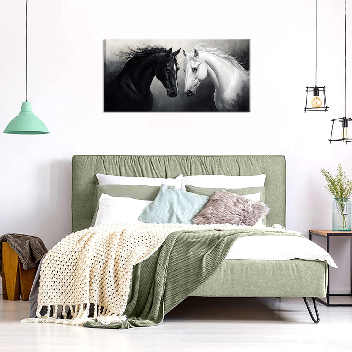 Multicolor Oil Painting Two Horses Wall Art for Living Room Office Classical Art Equine Portrait Painting Prints Vintage Canvas Artwork Dining Bedroom Decor (Abstract / Black White Two Horses Wall Art / 40"L x 20"W)