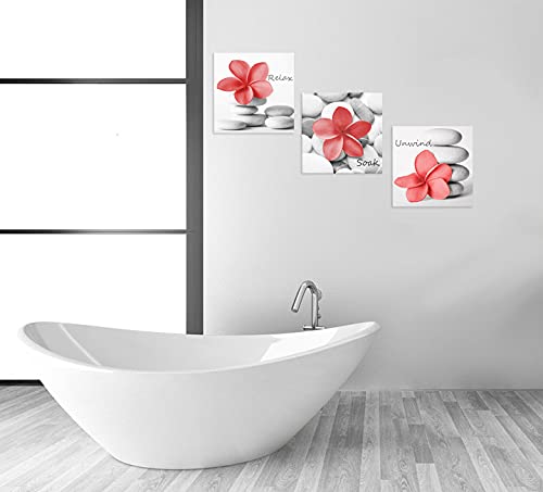 Modern Coral Gray Bathroom Wall Art Decor Zen Flowers Pictures Canvas Print Relax Soak Unwind Set of 3 (Coral)
