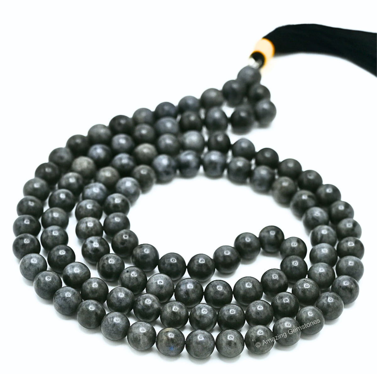 Larvikite Black Labradorite Buddhist Prayer Beads Japa Mala with 108 Meditation Beads (Without Knots / Larvikite Black Labradorite)