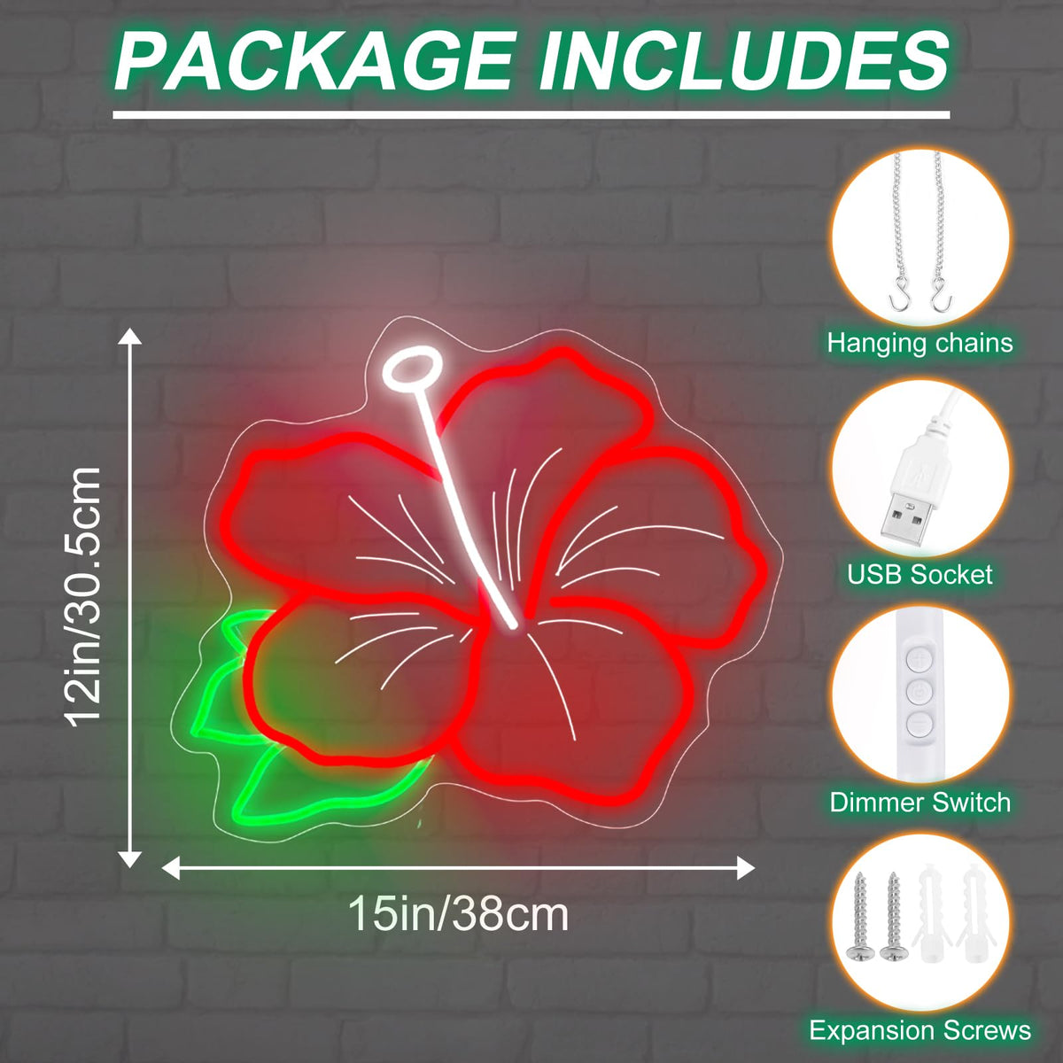 Hibiscus Neon Sign Hibiscus Flower LED Light Hawaii Floral Decor (Hubiscus-Red)