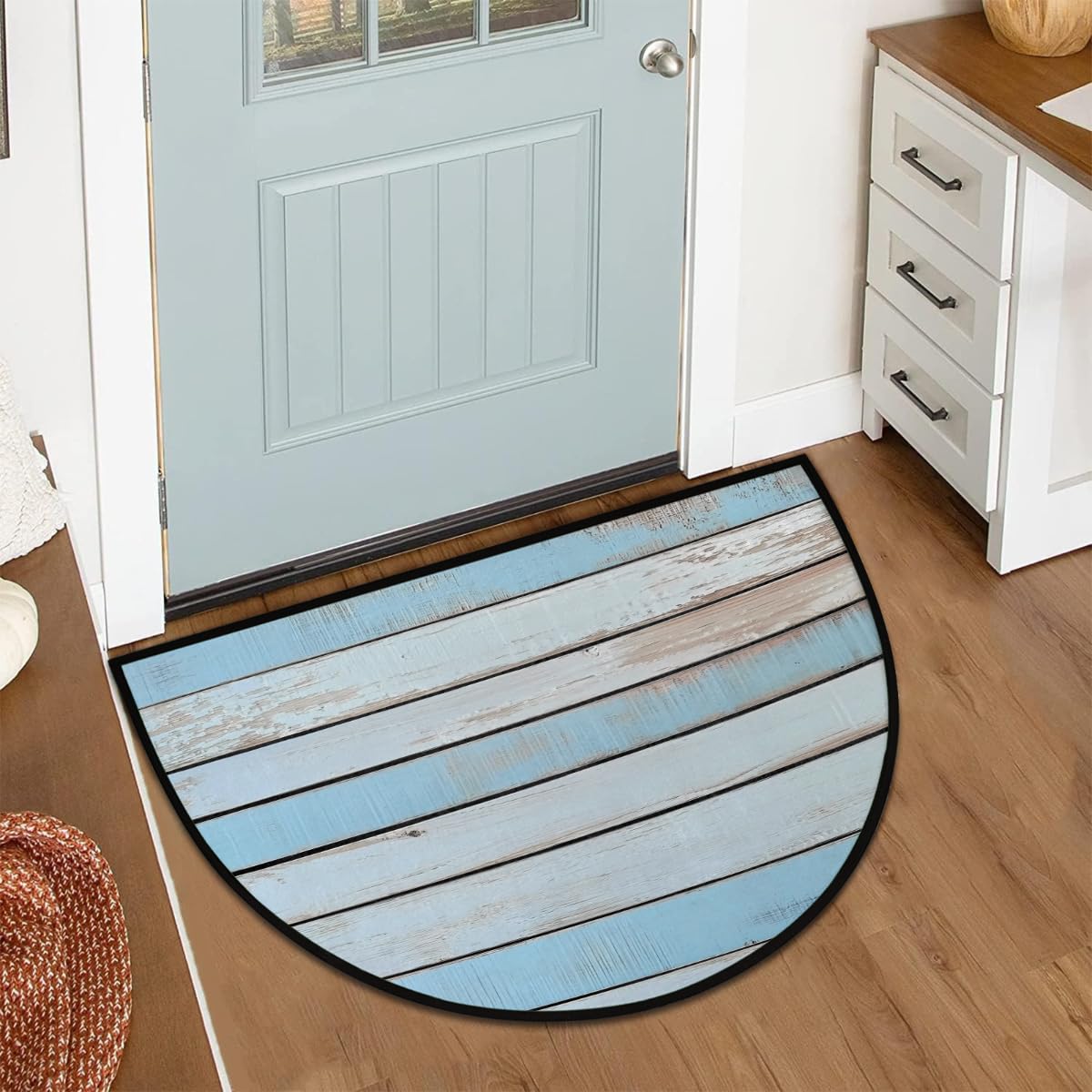 Half Round Door Mat Light Blue Gray Wooden Board Welcome Mats Non (36 inch x 24 inch (Semicircular) / Light Blue Gray Wooden Board)