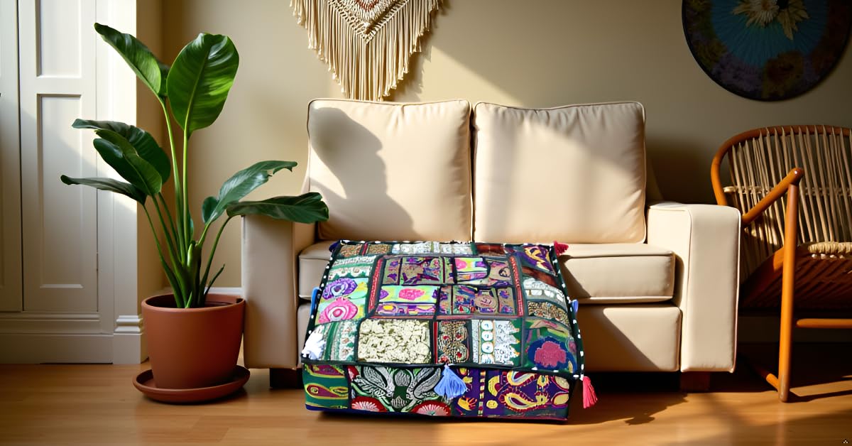 Square Patchwork Pouf Cover 16x16x5 Inch (16"D x 16"W x 5"H / Light Green)