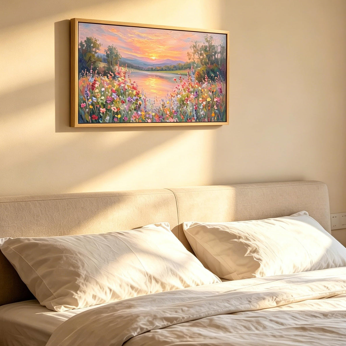 Large Floral Landscape Wall Art Wildflower Meadow Lake Sunset Painting Picture Colorful Botanical Flower Nature Canvas Wall Decor Distant Mountain Forest Print Artwork for Living Room Bedroom (Sunset / 48"L x 24"W)