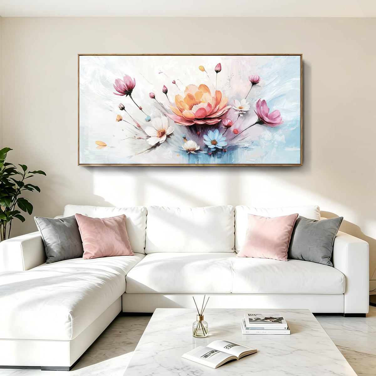 Overside Framed Abstract Flower Wall Art For Living Room 58X29 In (Colorful Flower Wall Art / 58"L x 29"W(Framed))