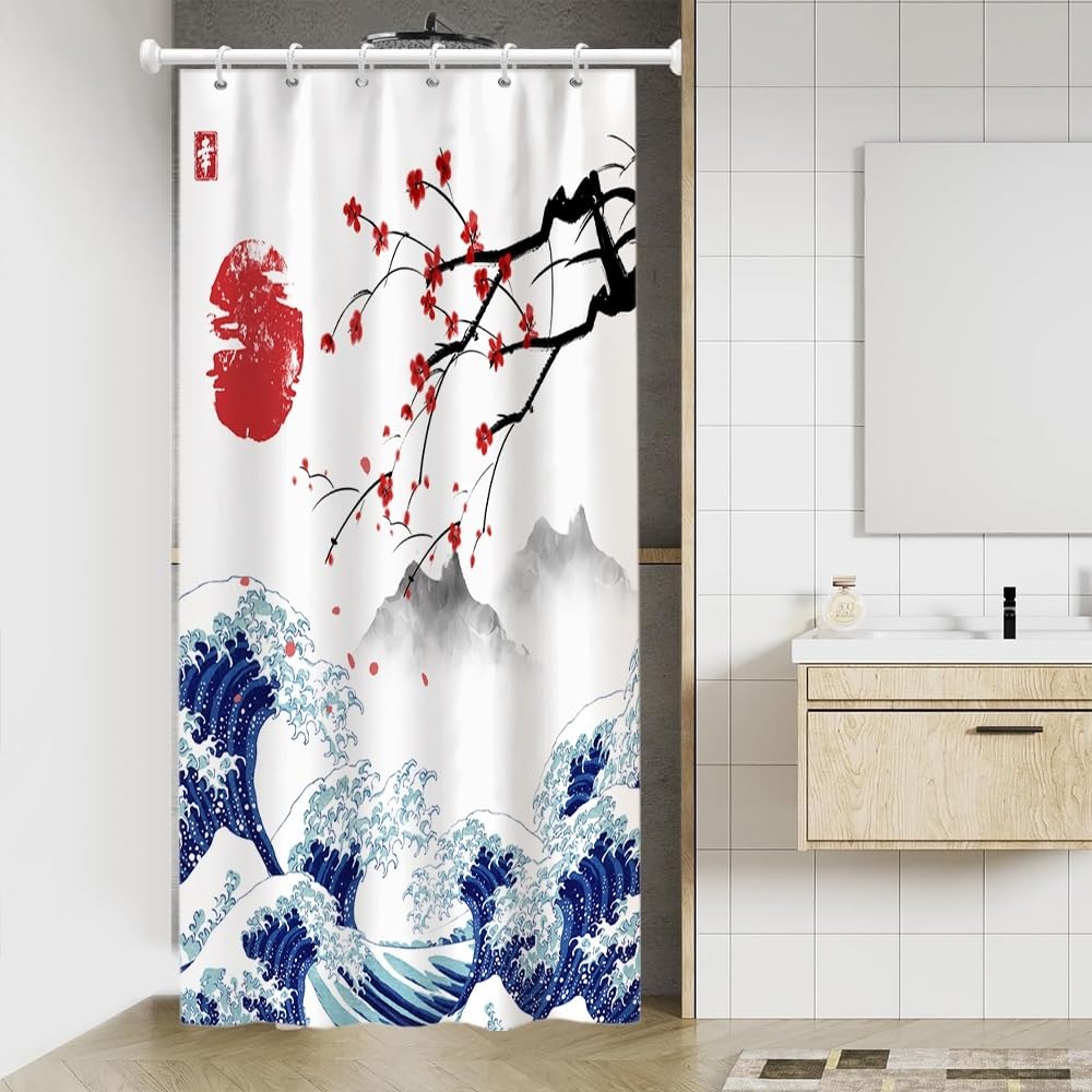 Traditional Japanese Painting Shower Curtain Kanagawa Great Wave Shower Curtain Red Sun Cherry Blossom Japanese Mountain Scenery Bathroom Curtains Waterproof Polyester Fabric with Hooks 48x72 Inch (48"W x 72"L (Pack of 1) / Blue-28)