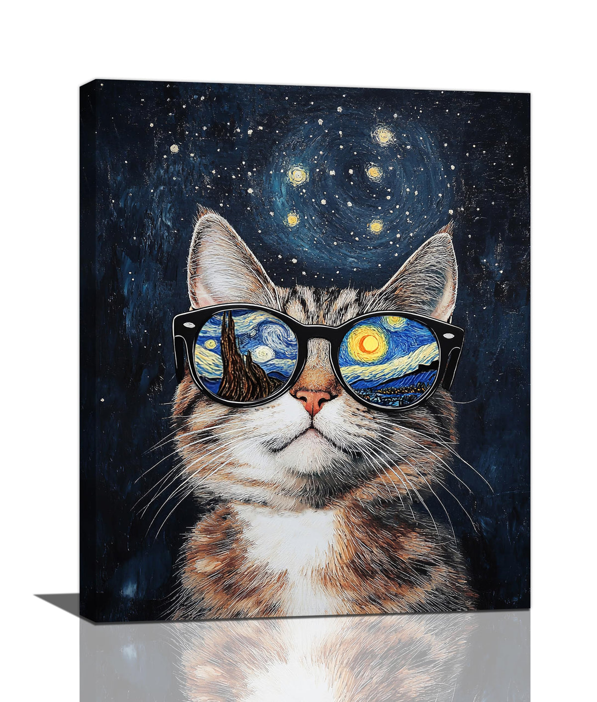 Funny Cat Wall Art Cute Cat Bathroom Canvas Wall Decor Starry Night Glasses Pictures Paintings Prints Artwork Framed Decorations For Bedroom Living Room Gifts 16" x 20" (Vangogh Cat / 20"L x 16"W)