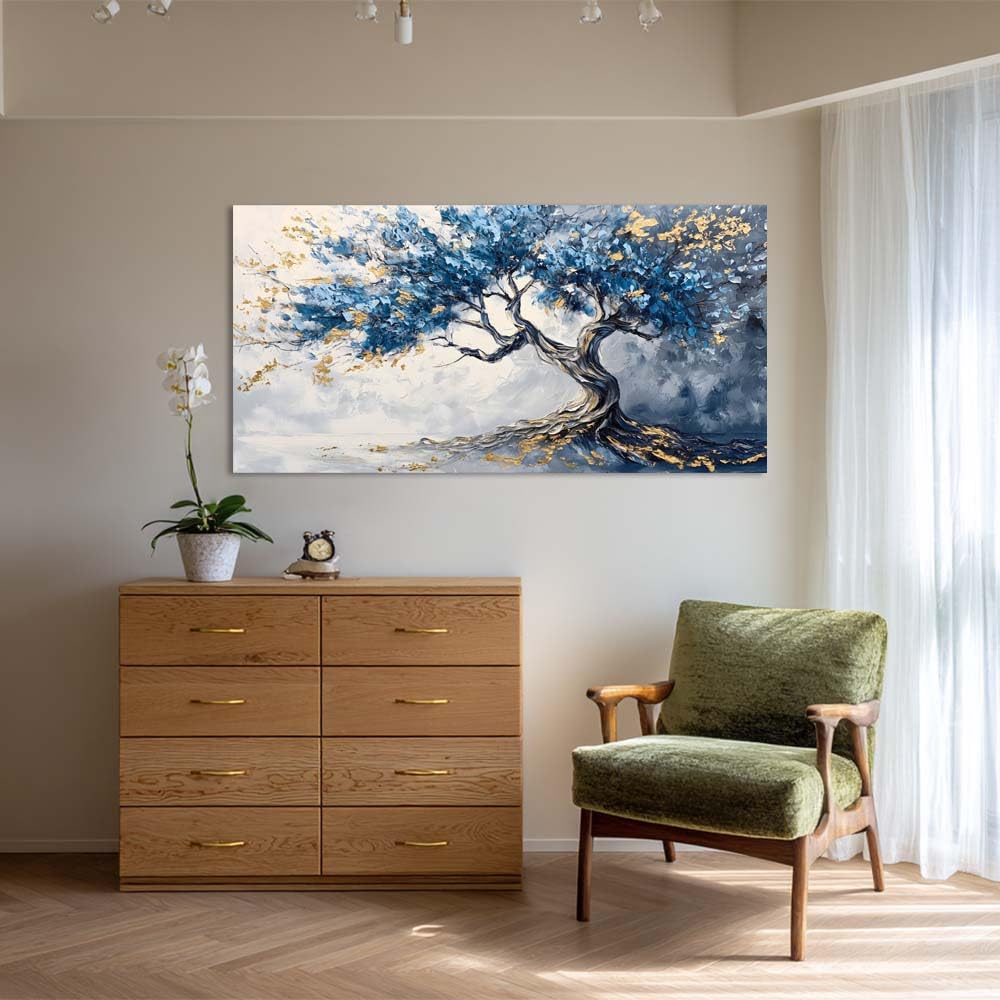 Blue and Gold Tree of Life Canvas Wall Art Modern Abstract Botanical Painting Flat Print Gallery Wrapped Artwork for Living Room Bedroom Bathroom Decor (Bohemian / White Tree of Life 28 / 46"L x 23"W)