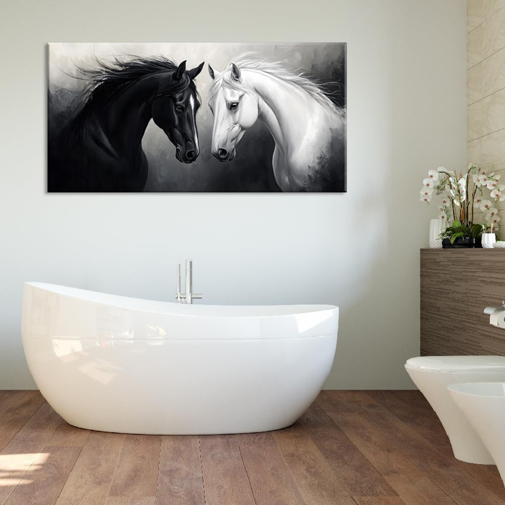 Multicolor Oil Painting Two Horses Wall Art for Living Room Office Classical Art Equine Portrait Painting Prints Vintage Canvas Artwork Dining Bedroom Decor Large (Abstract / Black White Two Horses Wall Art / 46"L x 23"W)