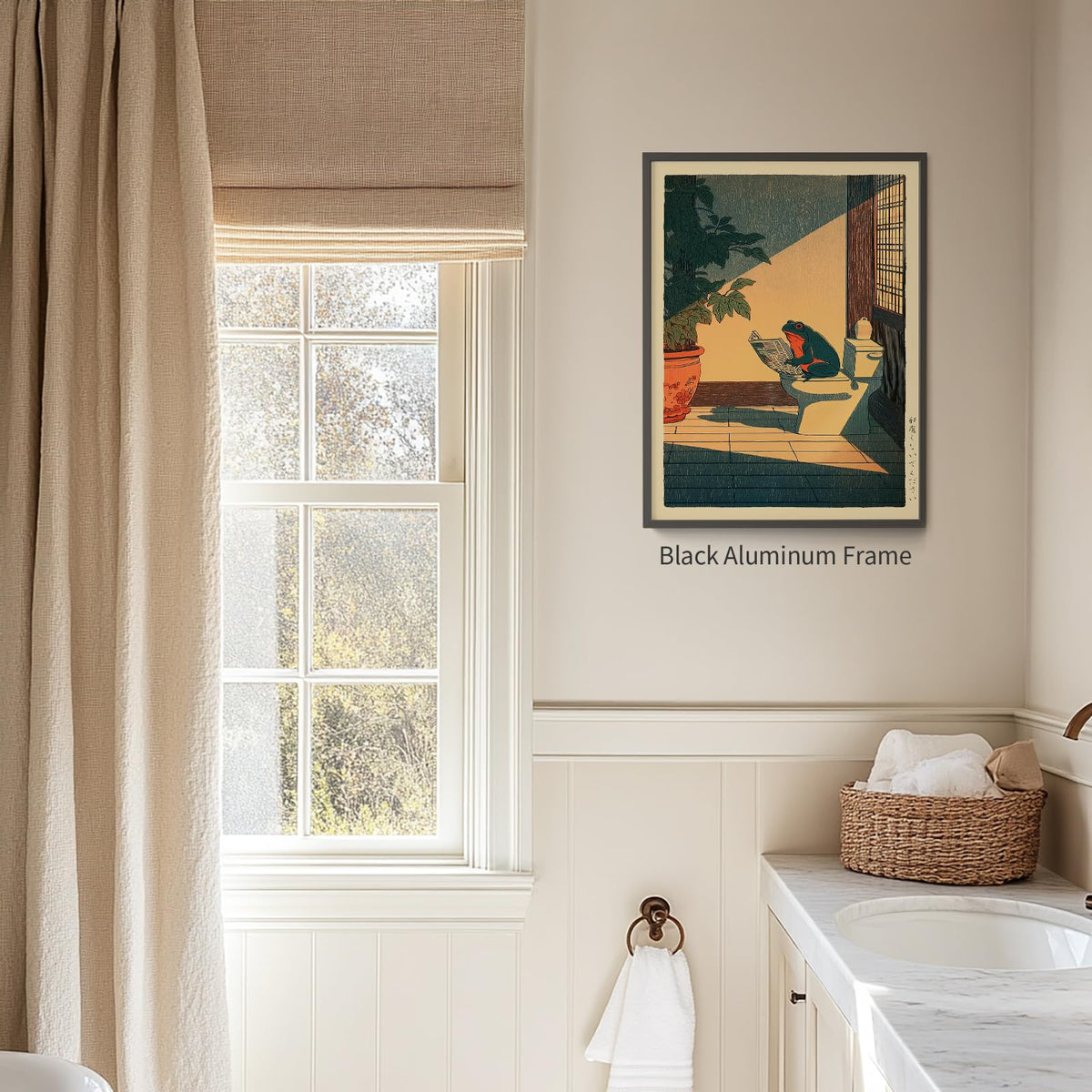 Japanese Frog Black Framed Wall Art Cute Animal Canvas Print Funny Frog On The Toilet Reading Newspaper Posters 11x14 inch Vintage Japan Painting Decor for Oriental Asia Bathroom Restroom Ready to hang (Black Framed / Japanese Frog / 14"L x 11"W)