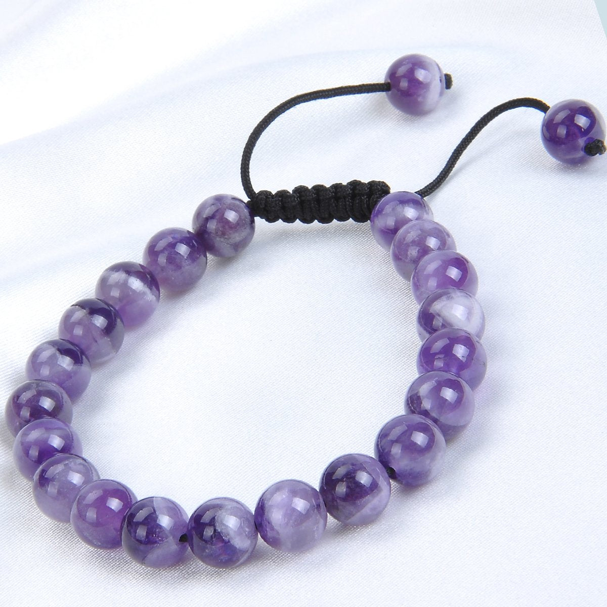 Natural Healing Power Gemstone Crystal Beads Unisex Adjustable Macrame Bracelets (Dream Amethyst / 6mm)
