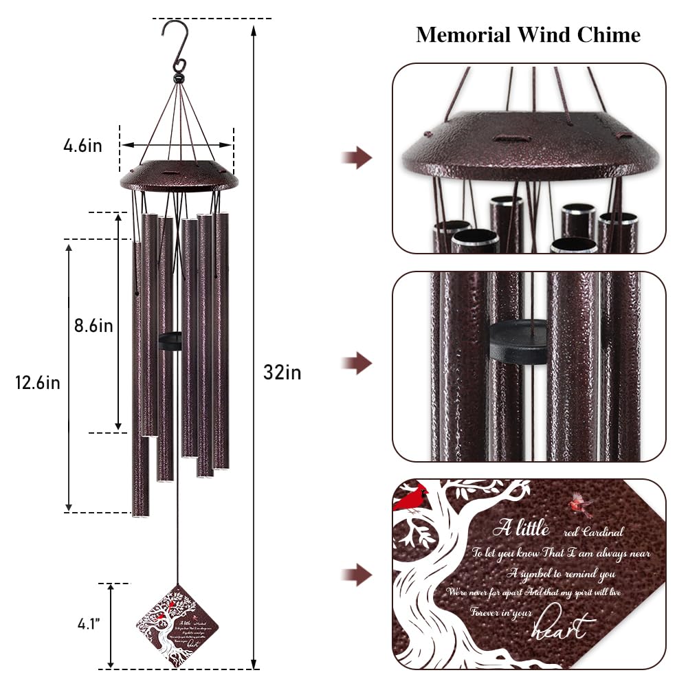 Cardinal Memorial Wind Chimes 32in All Metal Sympathy Gift Outdoor Garden (Cardinal Bird in My Heart)