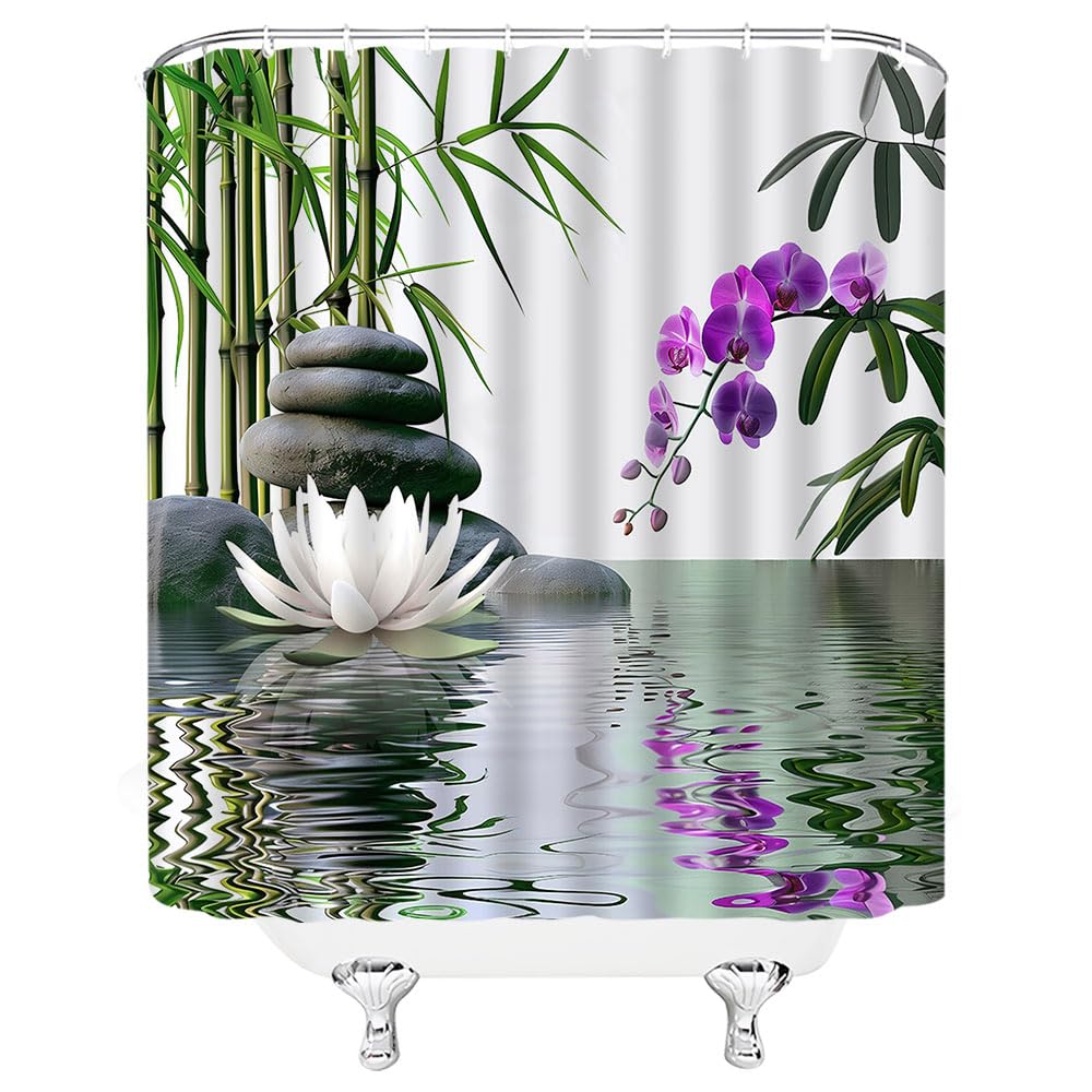 Zen Garden Shower Curtain Green Bamboo Spa Stone Lotus Purple Orchid Flower Nature Japanese Relax Fabric Bathroom Decor Curtain Sets with Hooks (Green Purple / 47"Wx70"H)