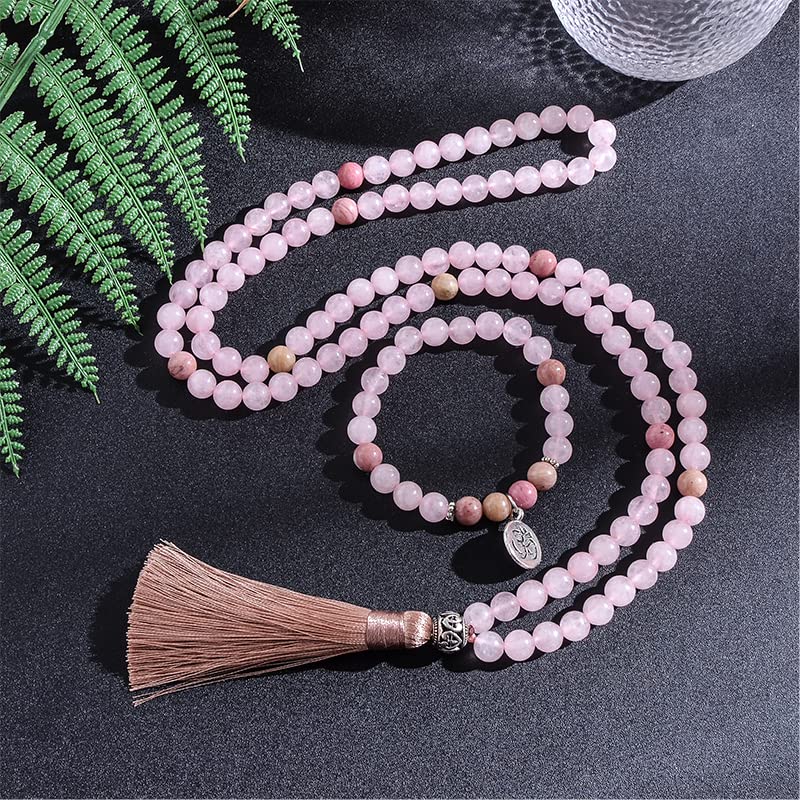 108 Mala Prayer Beads Necklace 8mm Natural Stones Meditation Yoga Jewelry Sets 108 Hand Made Japa Mala Beaded Long Tassel Necklace with Tassel Pendant for Men and Women (Rose quartz)