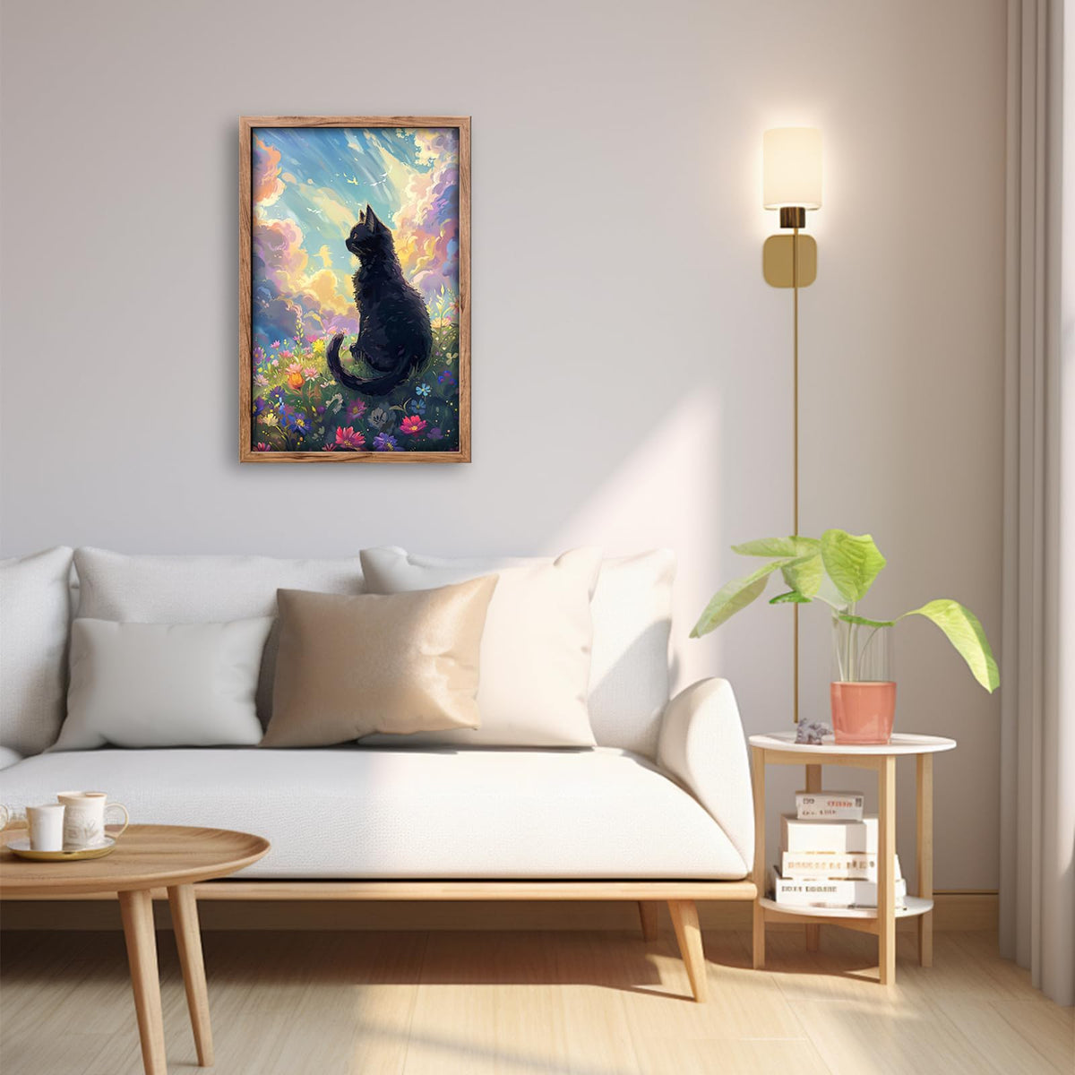 Black Cat Framed Wall Art Anime Cat Pictures Canvas Wall Decor Wildflower Landscape Painting Nature Decorations for Bathroom Bedroom Living Room Office 24"x16" (Black Cat / 24"L x 16"W)