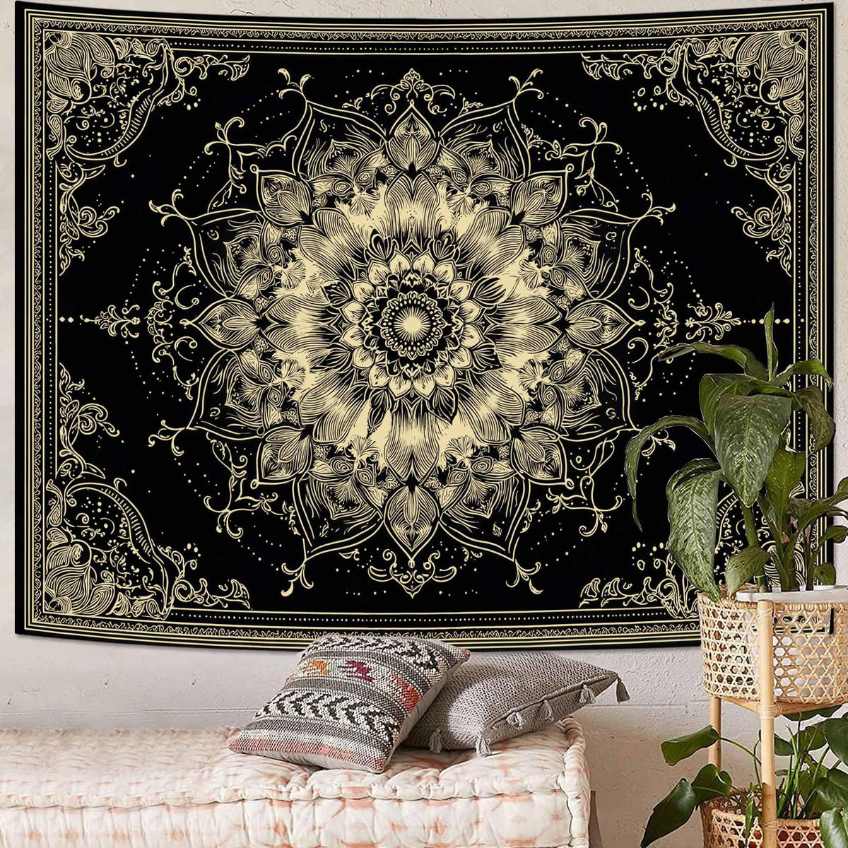 Golden Outline Mandala Tapestry (60"L x 44"W / Red)