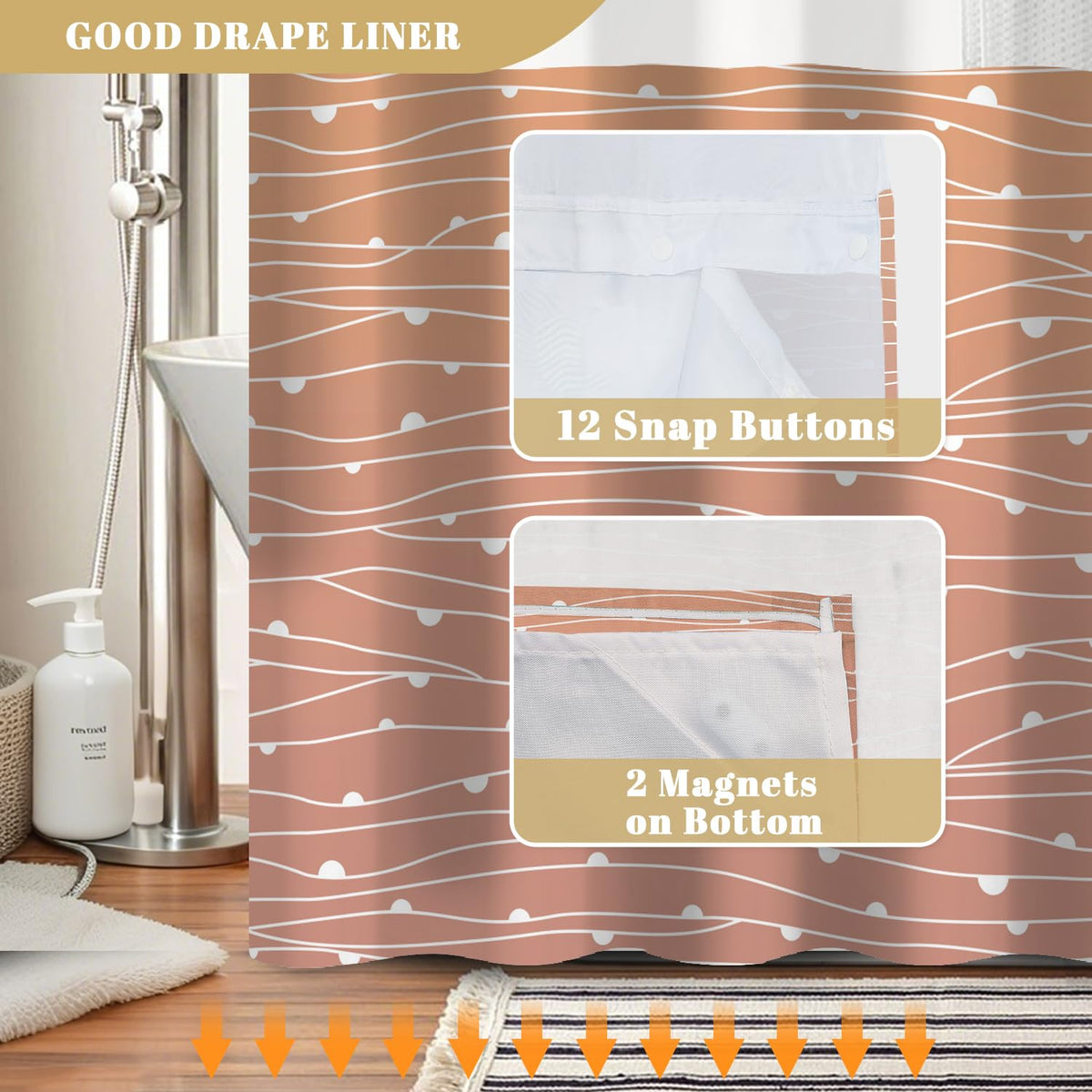 No Hook Shower Curtain with Snap in Liner (Geometric-5)