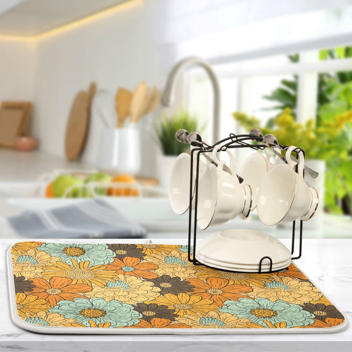 Super Absorbent Dish Drying Mat (Retro Flower Daisy / 16" x 18")