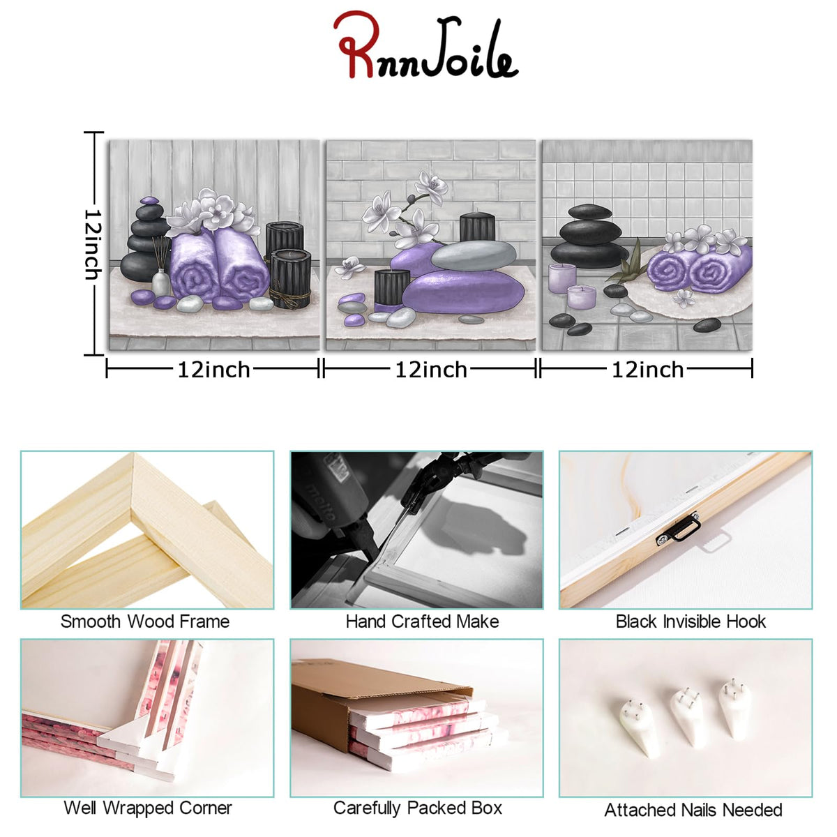 Spa Canvas Wall Art Purple Bathroom Decor Lavender and Grey Zen Stone Orchid Picture Painting Still Life Prints for Bathroom Zen Meditation Room Framed 12"x12" for Each (purple)