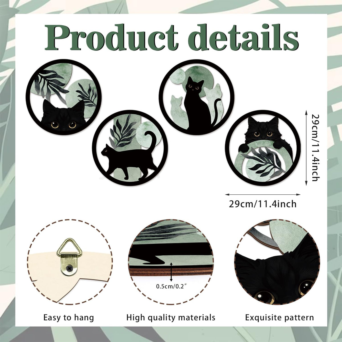 Boho Black Cat Wooden Wall Art Sage Green Cats Round Wall Decor (4pcs Sage Black Cat Wall Art)