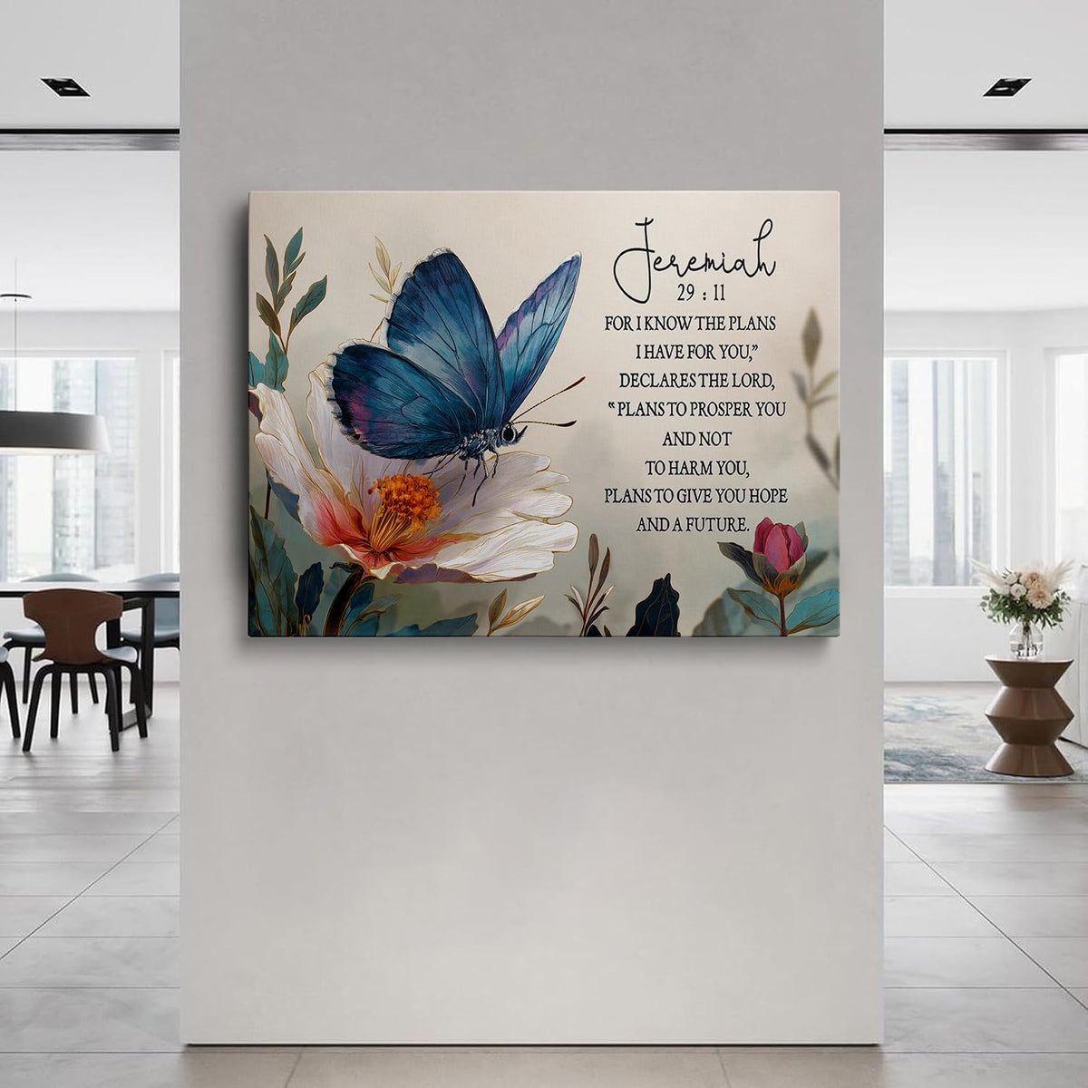 Blue Butterfly Vintage Floral Inspiring Christian Gifts for Women Canvas Wall Decor (Light-colored / 12"L x 16"W)