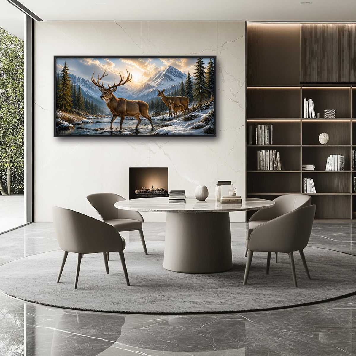 Large Framed Deer Family Wall Art Winter Mountain Wall Art 60"x30" (Deer / 60"L x 30"W)