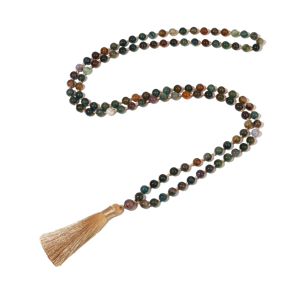 8mm Natural Stone Beads Knot 108 Mala Necklace Meditation Prayer Jewelry for Men and Women (Green Agate)
