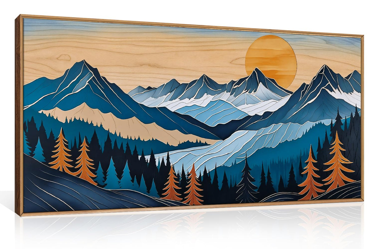 Boho Vintage Mountain Framed Canvas Wall Art Set (Blue Woodcut Mountain Wall Art / 40"L x 20"W)