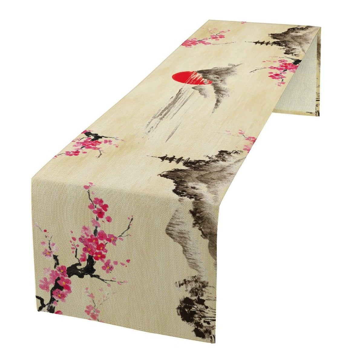 Japanese Cherry Blossom Table Runner Retro Spring Landscape Mountain Plum Floral Tabletop Decor Cover for Holiday Dining Room Party 13x90 Inch (13x90inch / Plum-1)