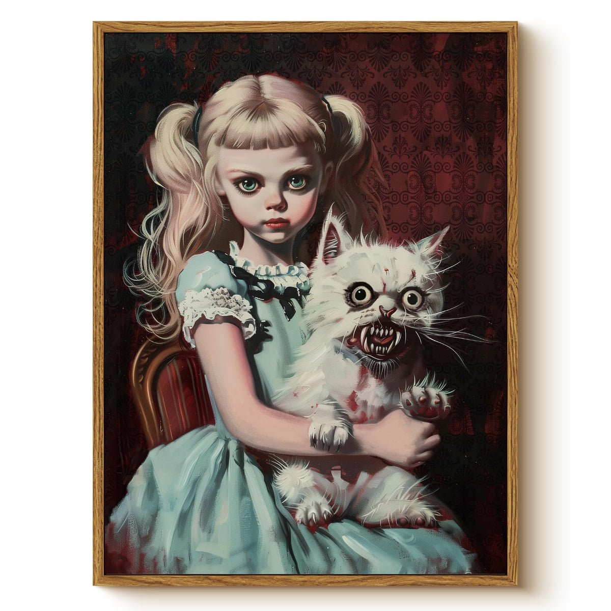 Vintage Spooky Creepy Doll Holding Monster Pet Art (Girl / 16"L x 12"W)