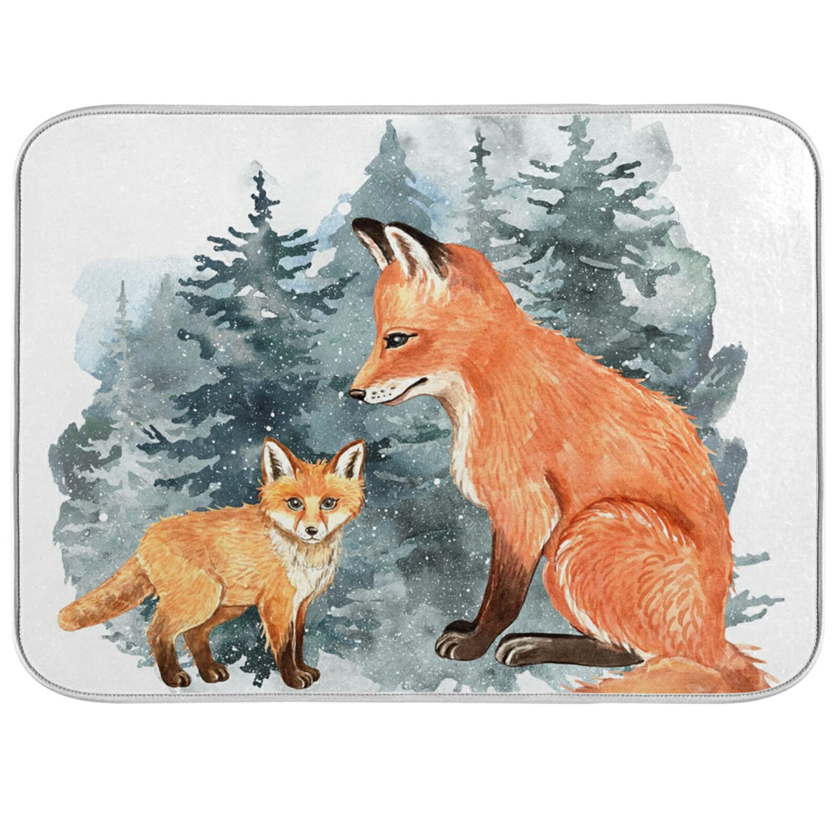 Super Absorbent Dish Drying Mat (Cute Fox Winter Christmas / 16" x 18")