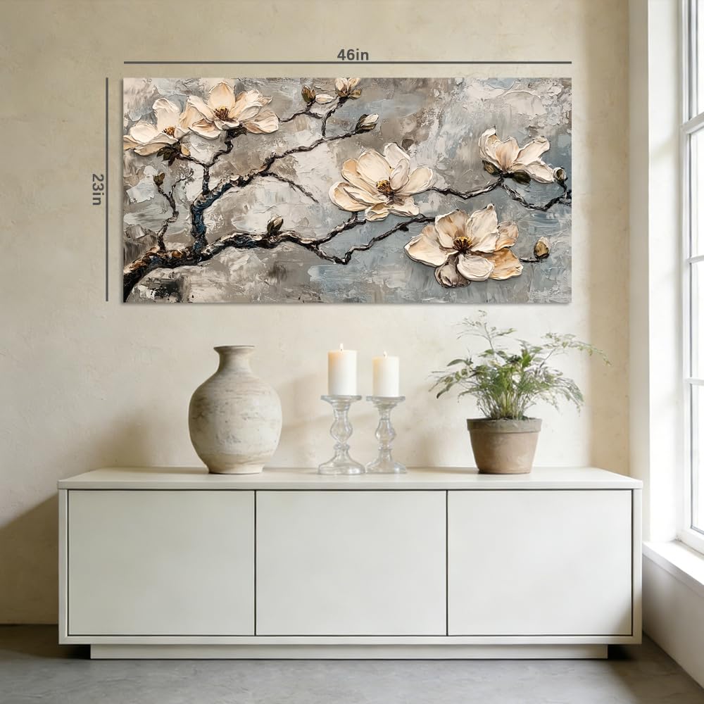 White Magnolia Canvas Wall Art Floral Branch Painting Grey Abstract Faux Texture Flat Print Gallery Wrapped Artwork for Living Room Bedroom Bathroom Decor (Bohemian / White Magnolia Blossoms 4 / 46"L x 23"W)