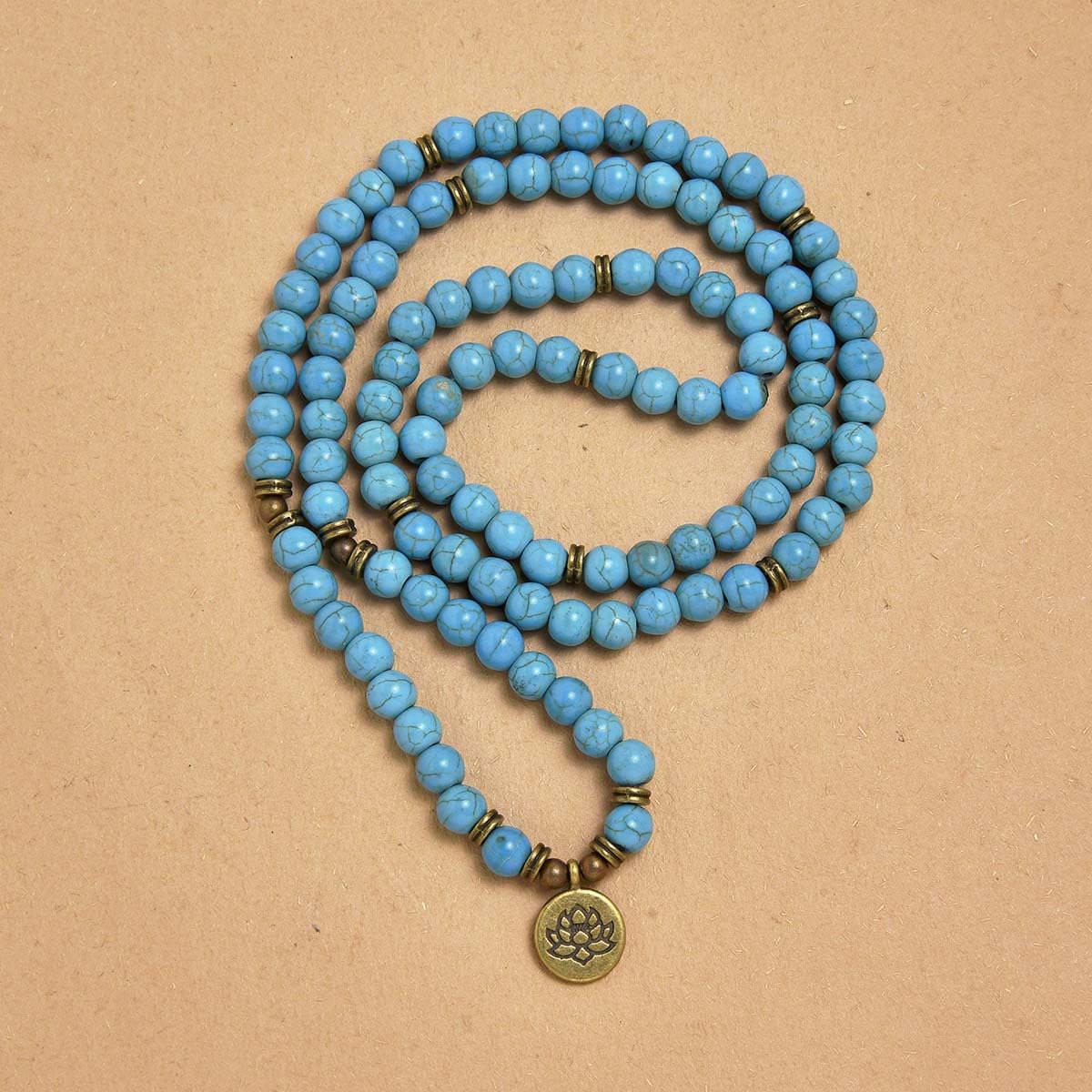 108 Natural Stone Mala Beads Yoga Bracelet with Lotus Charm (Green Turquoise)