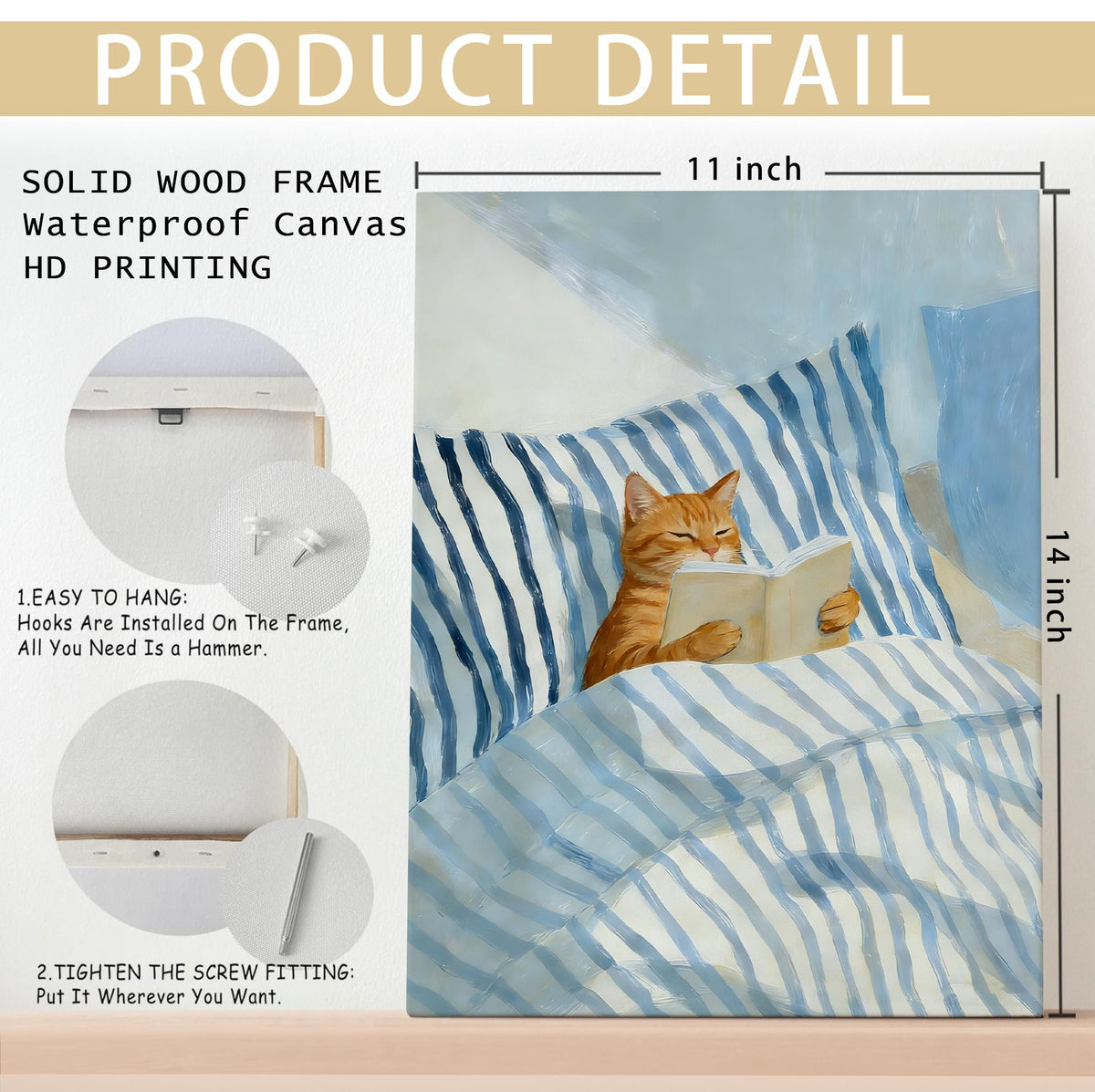 Orange Cat Reading Book Wall Art Decor 11x14 Inches (Orange Cat Reading Book)
