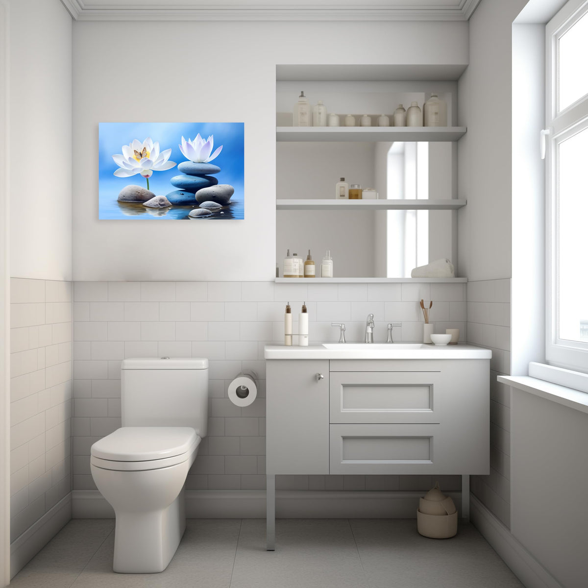 Zen Canvas Wall Art for Bathroom Lotus Pictures Blue Spa Stone Painting Butterfly Flower Artwork for Yoga Decor Frame (Zen - B / 12"L x 18"W)
