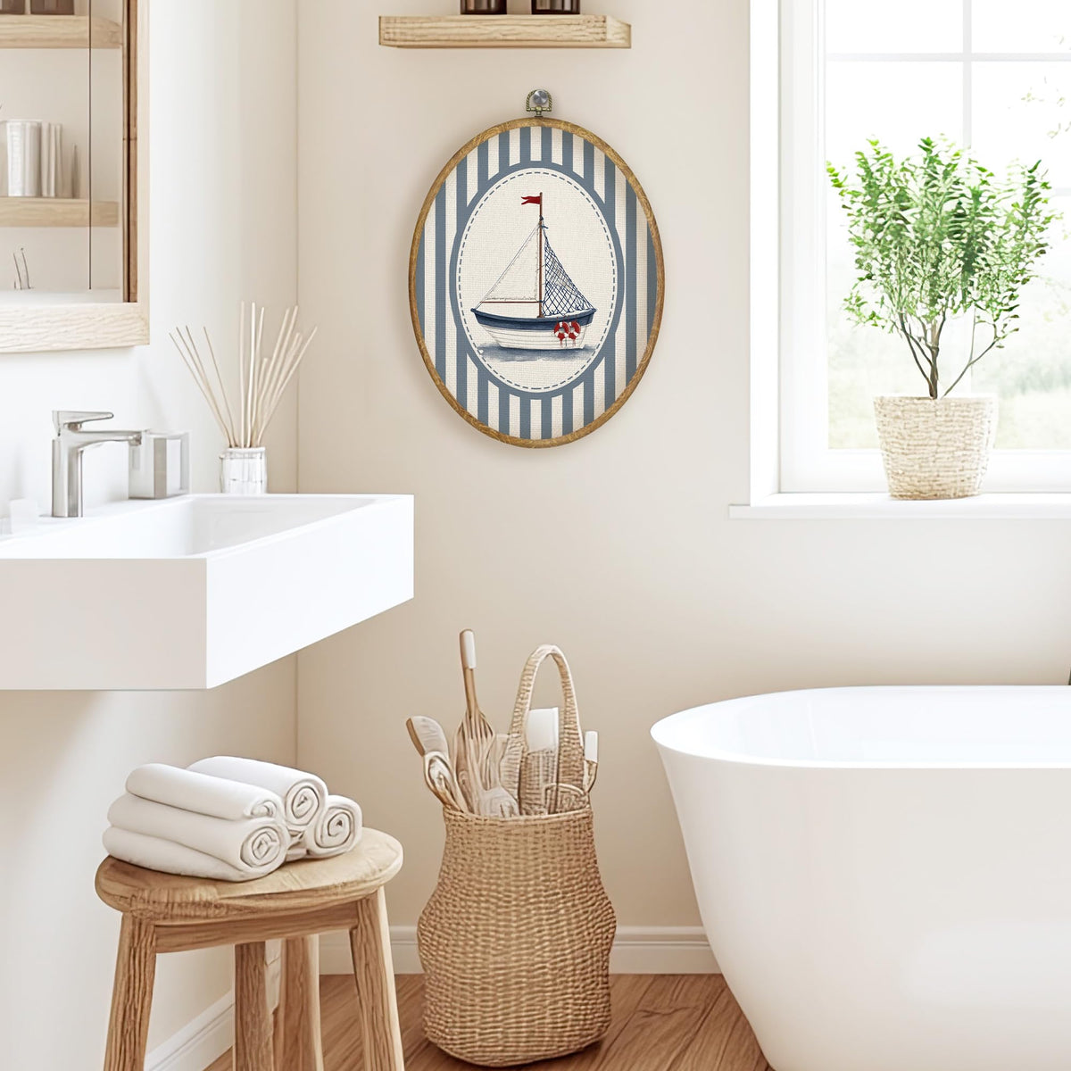 Coastal Sailboat Nautical Nursery Oval Wall Art Decor (Color033)