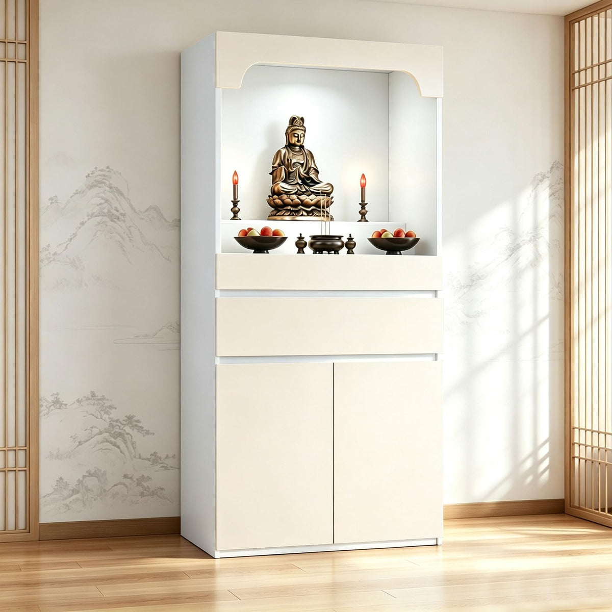 Altar Table Pooja Cabinet with Drawers and Storage Cabinets (19.7×15.7×65.4in / Beige+white-2)